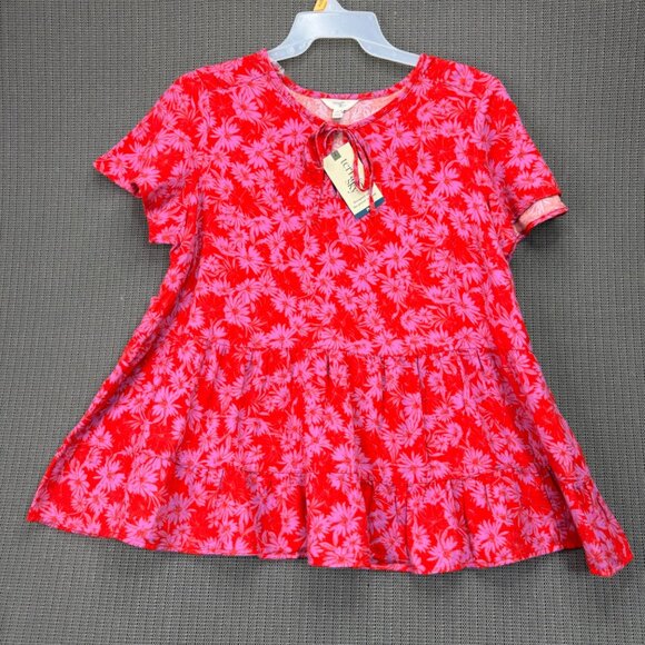 Terra & Sky Womens 1X (16W-18W) Red Floral Print Top Short Sleeve Swing Tiered - Picture 1 of 8
